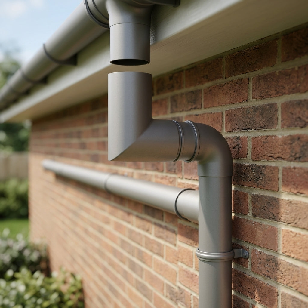 76mm Diameter Flush Joint Aluminium Downpipe Bends — RAL 7036 / 92.5 Deg (in use)