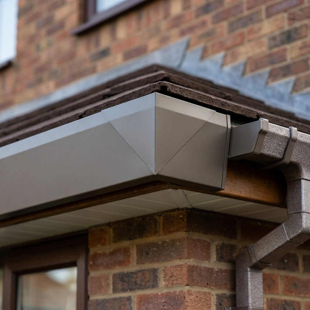 V Return Aluminium Fascia Angle Covers for Mitred Corners — RAL 7022 / 90 Deg External Angle (in use)