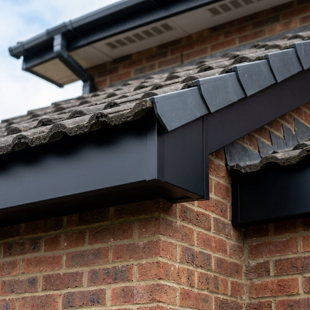 L Return Fascia Board Angle Covers – Aluminium Corner Fascia — RAL 9005 / 135 Deg External Angle (in use)