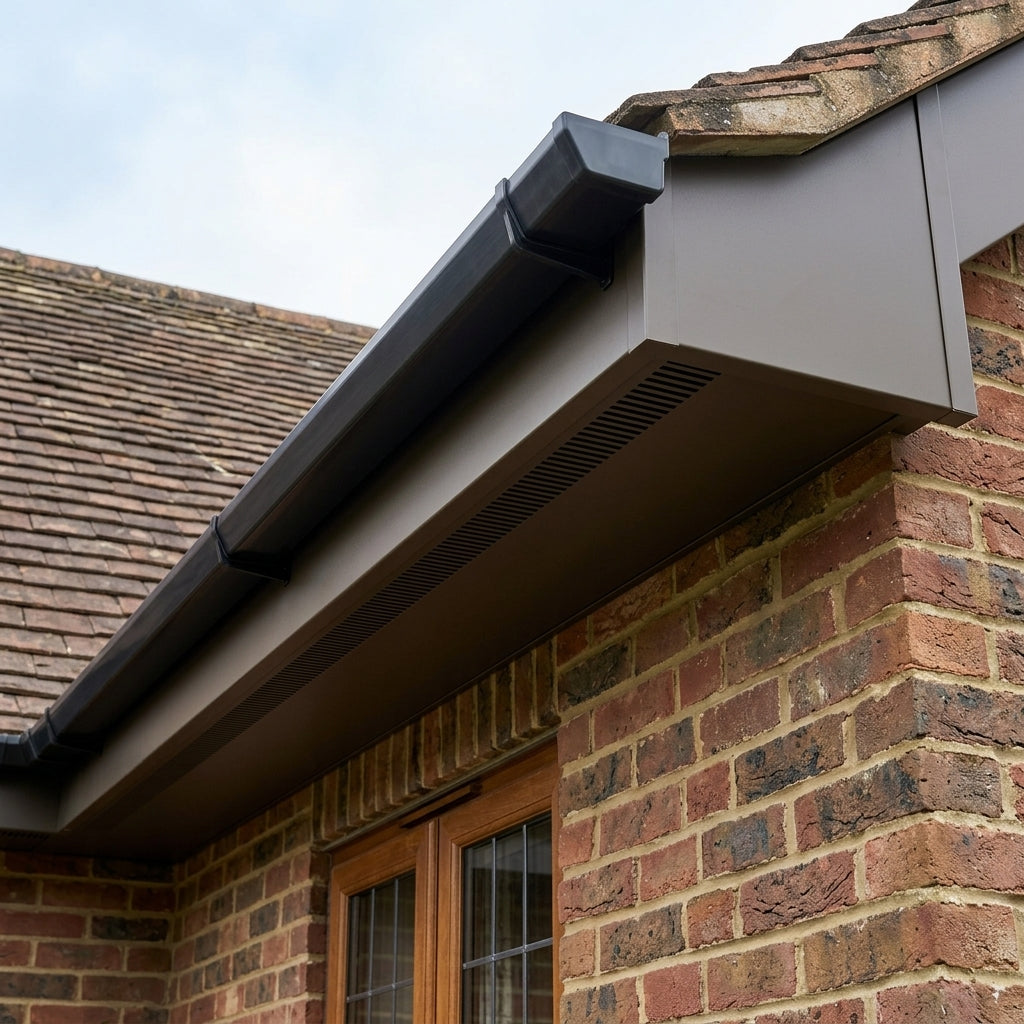 Aluminium Soffit Boards – Plain or Vented with Exterior Coating — RAL 7022 / 365mm Wide | Vented (in use)