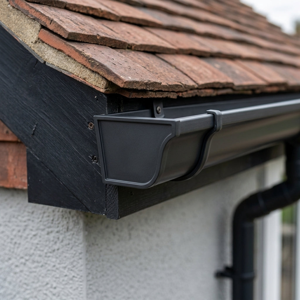 Moulded Ogee Gutter Left Hand Stop End 125 x 100mm — RAL 7021 (in use)