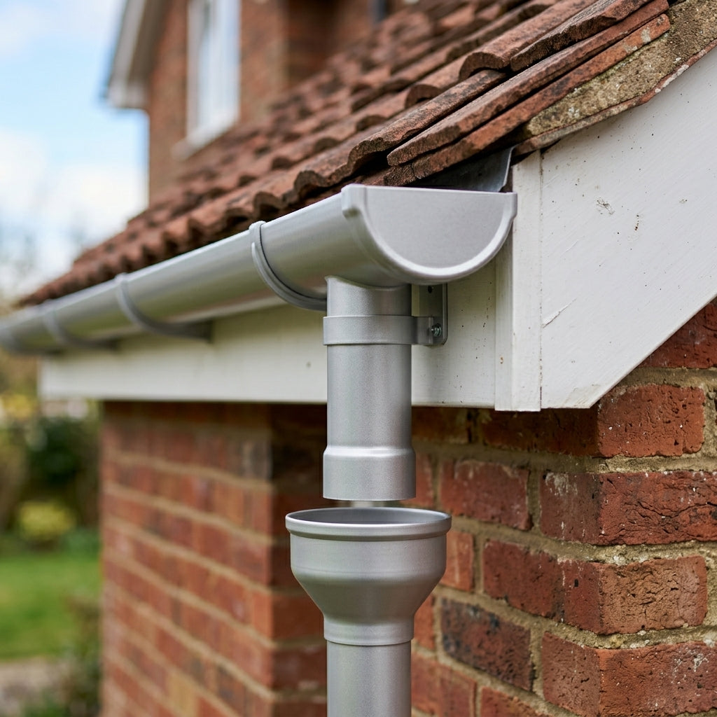 76mm Aluminium Gutter Outlet Spigot Extender – 250mm — RAL 9006 (in use)