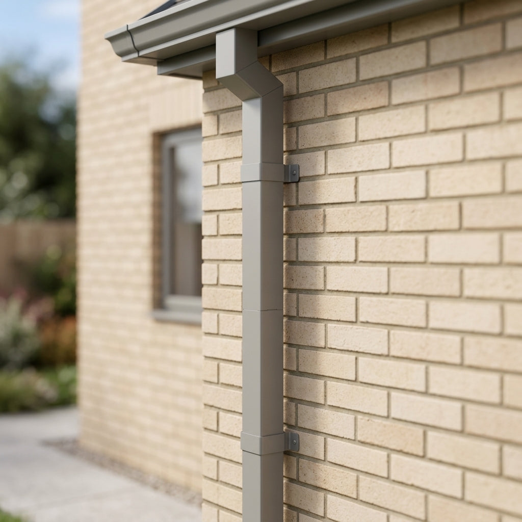 Flush Joint Aluminium Downpipe 72×72mm × 3m — RAL 7036 (in use)