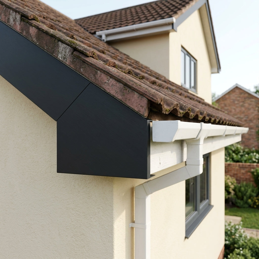 U Return Aluminium Fascia Angle Covers for Mitred Corners — RAL 7021 / 90 Deg Internal Angle (in use)