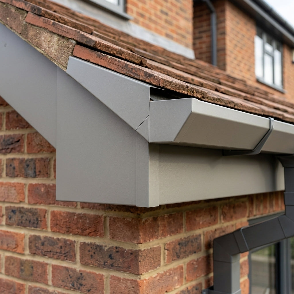 U Return Aluminium Fascia Angle Covers for Mitred Corners — RAL 7036 / 135 Deg External Angle (in use)