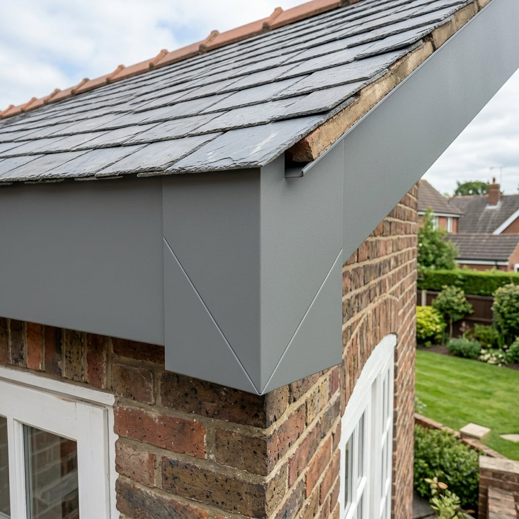 U Return Aluminium Fascia Angle Covers for Mitred Corners — RAL 7037 / 90 Deg External Angle (in use)