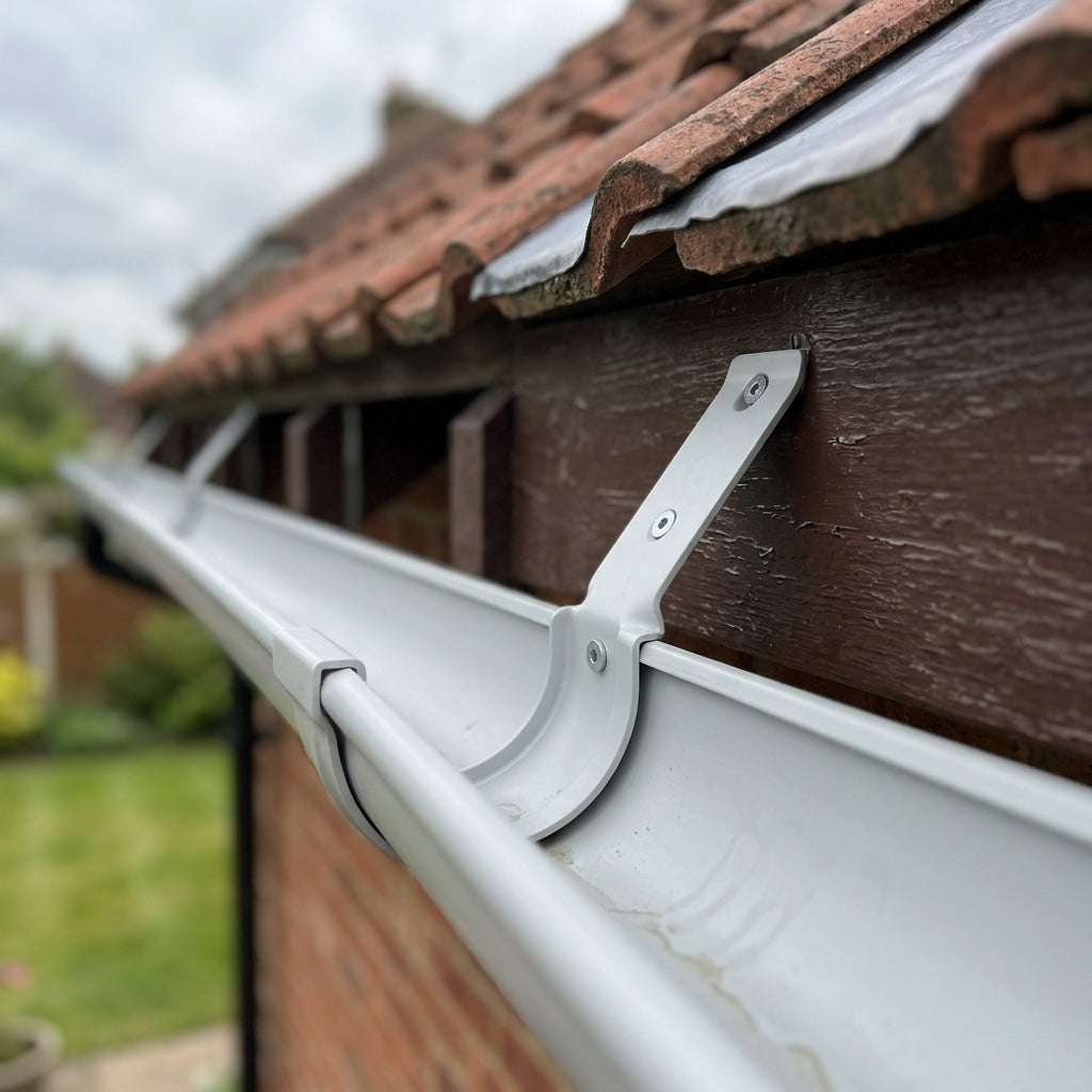 130mm Deepflow Gutter Side Rafter Bracket – Aluminium — RAL 7035 (in use)