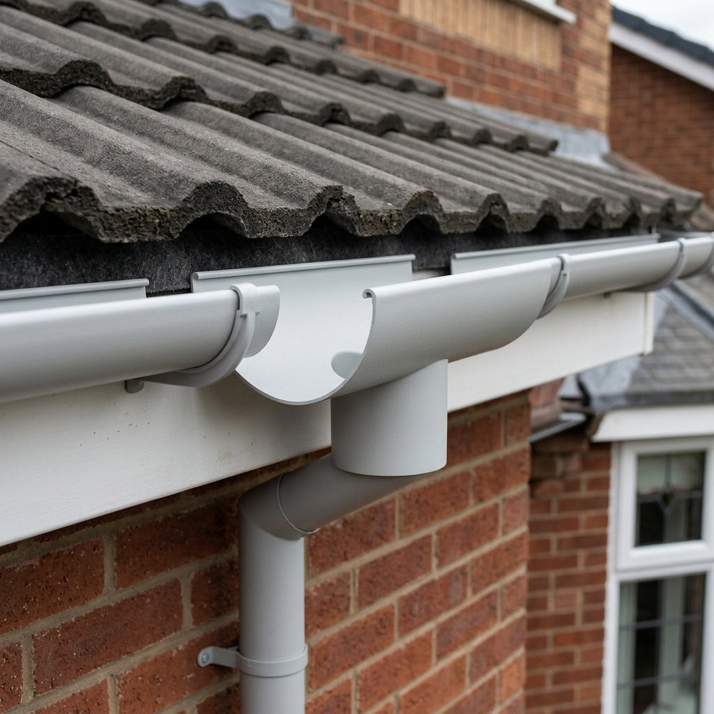 Half Round Aluminium Gutter Outlet 76mm – Marine Grade — RAL 7035 (in use)