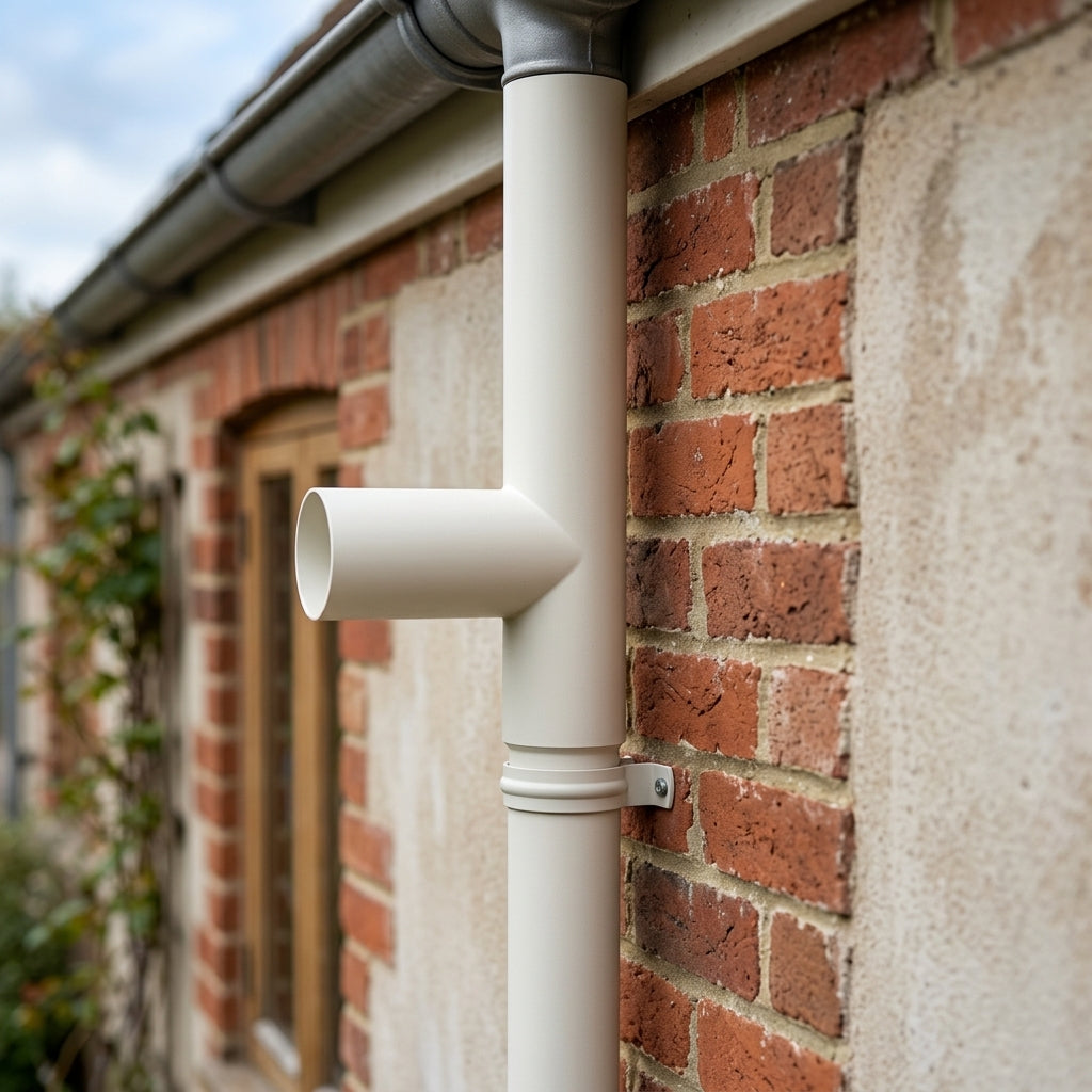 76mm Diameter Flush Joint Downpipe Branches — RAL 9016 / 92.5 Degrees (in use)