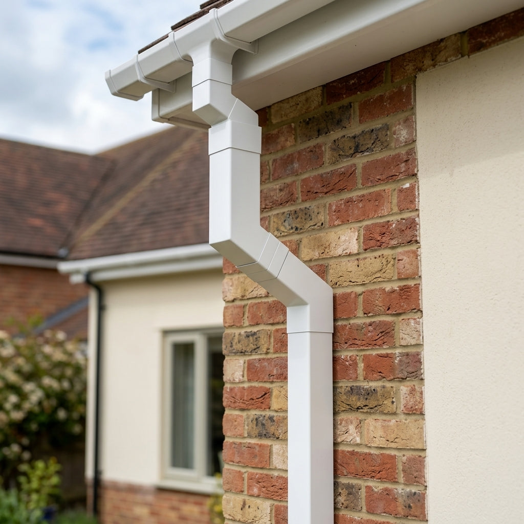 Flush Joint Adjustable Swanneck 72x72mm Aluminium Downpipe — RAL 9016 (in use)