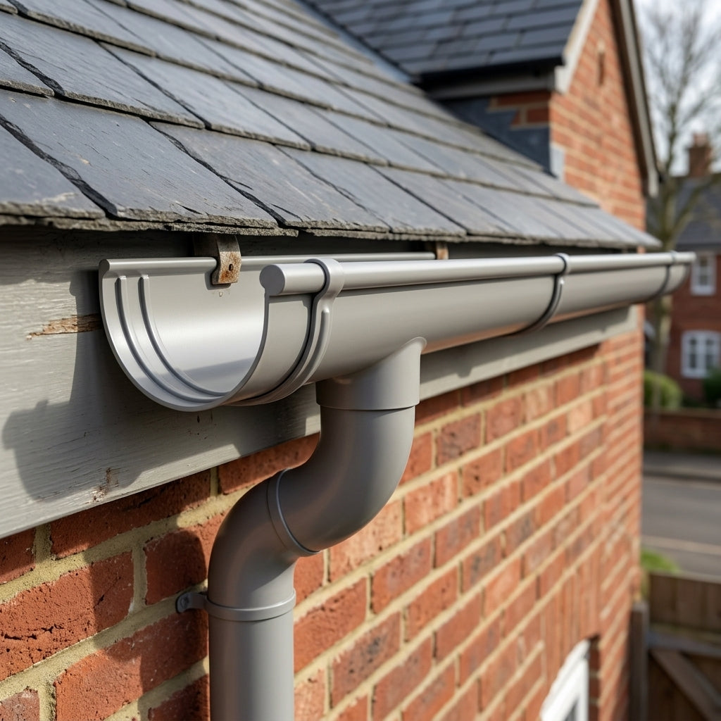 Half Round Aluminium Gutter Outlet 63mm Dia. 125mm — RAL 7036 (in use)