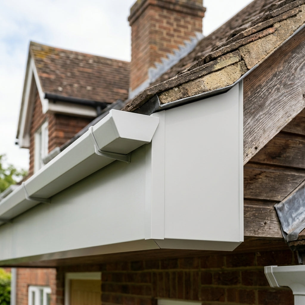 V Return Aluminium Fascia Angle Covers for Mitred Corners — RAL 7035 / 90 Deg Internal Angle (in use)