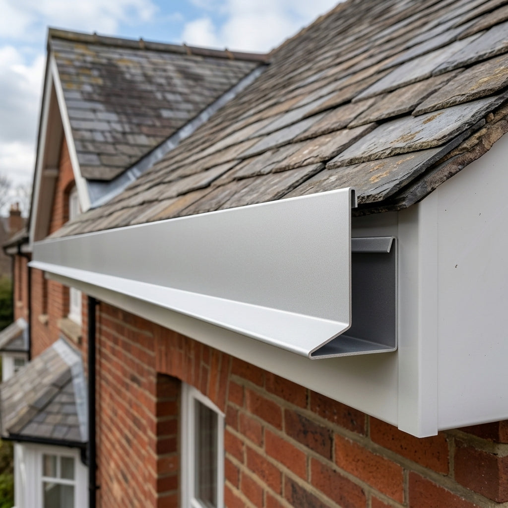 V Return Aluminium Fascia Board 30mm 45° 3m — RAL 9006 (in use)