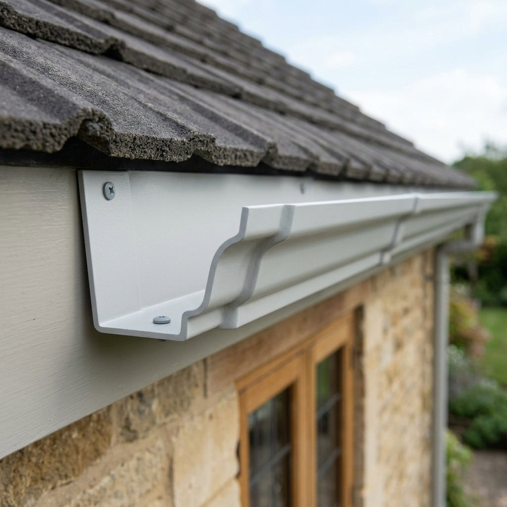 Moulded Ogee Aluminium Gutter Length 125 x 100mm x 1.83m — RAL 7035 (in use)
