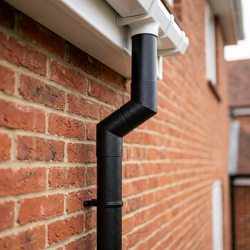 76mm Diameter Flush Joint Aluminium Downpipe Bends — Textured Black / 112.5 Deg (in use)