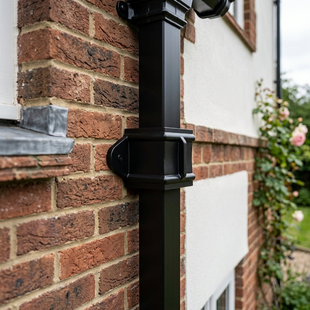 Traditional Downpipe Spare Socket Eared 72x72mm Aluminium — RAL 9005 (in use)
