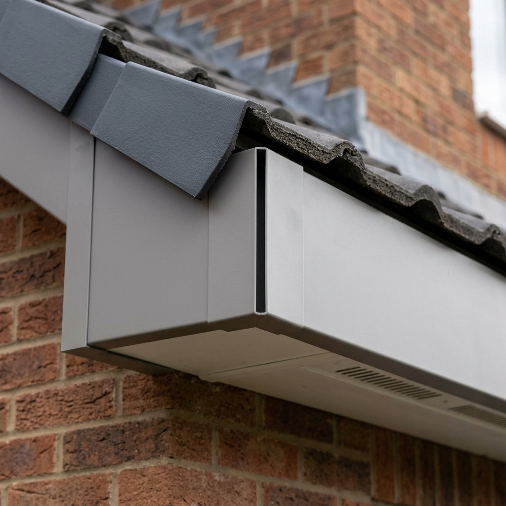 L Return Aluminium Fascia Board Joint Cover — RAL 7036 (in use)