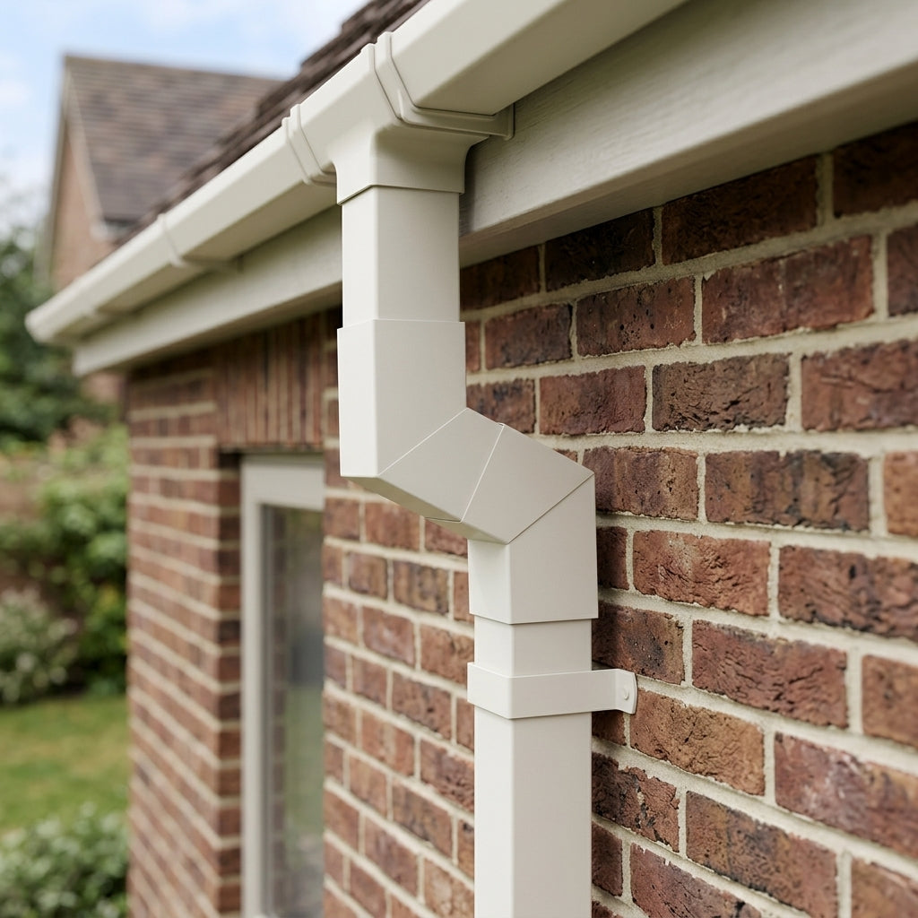 Flush Joint Aluminium Downpipe Bend 72x72mm — RAL 9016 / 112.5 Degrees (in use)