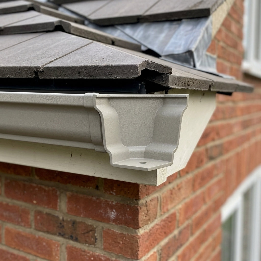Moulded Ogee Gutter Right Hand Stop End 125 x 100mm — RAL 7036 (in use)