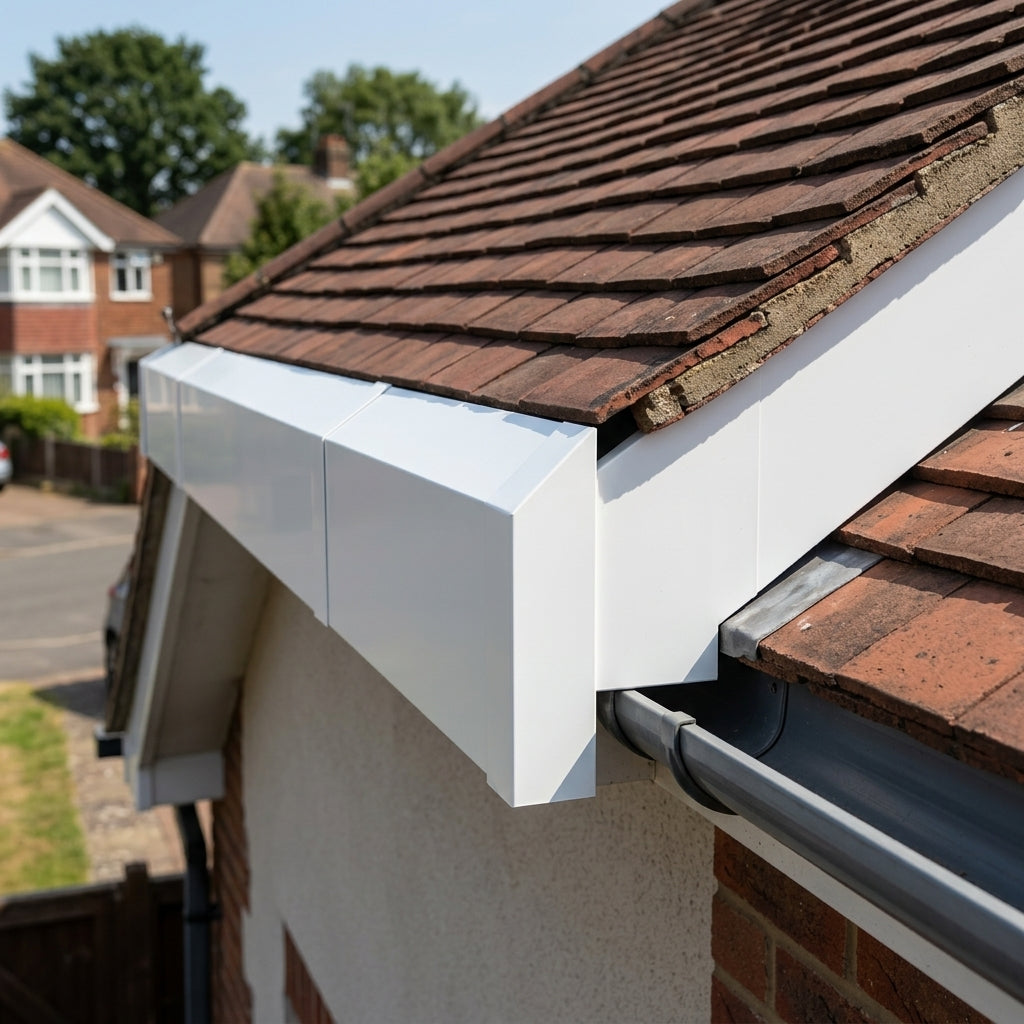 L Return Fascia Board Angle Covers – Aluminium Corner Fascia — RAL 9016 / 90 Deg Internal Angle (in use)