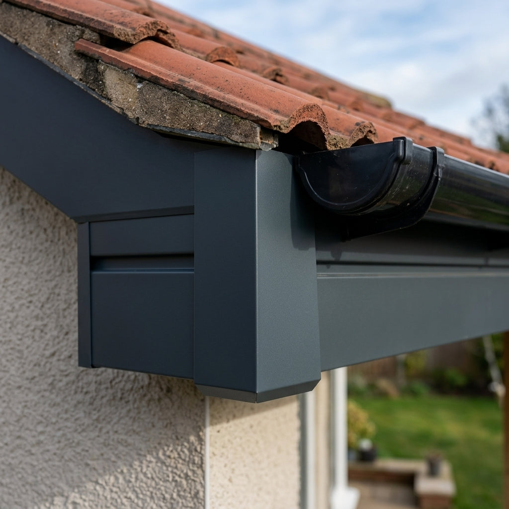 U Return Aluminium Fascia Angle Covers for Mitred Corners — RAL 7016 / 135 Deg Internal Angle (in use)