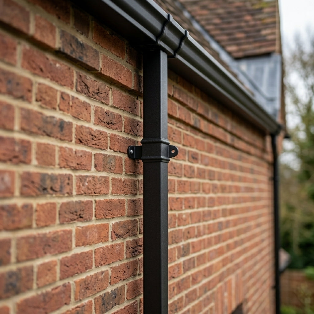 Traditional Aluminium Downpipe 72x72mm x 3m Eared Socket — Textured Black (in use)