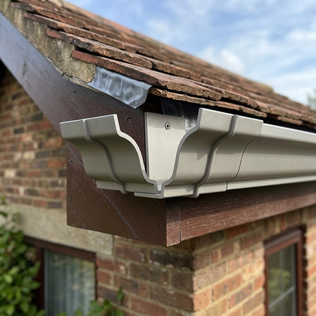 Moulded Ogee Gutter Jointer 125 x 100mm Marine Grade — RAL 7036 (in use)