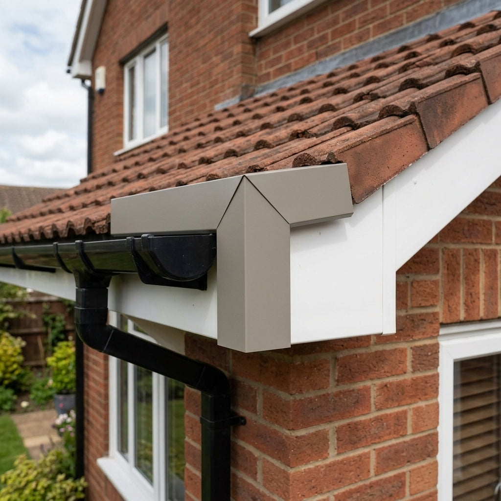 V Return Aluminium Fascia Angle Covers for Mitred Corners — RAL 7036 / 135 Deg External Angle (in use)
