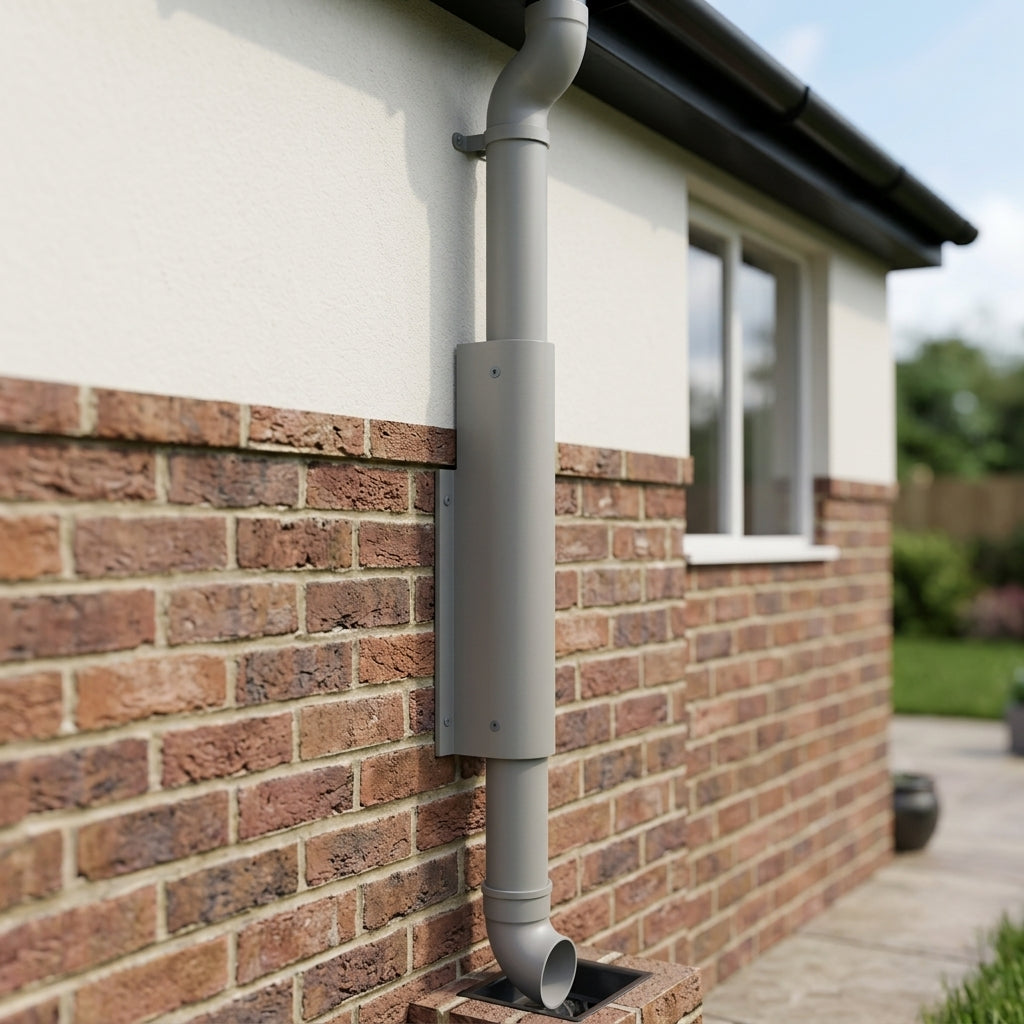 76mm Diameter Aluminium Downpipe Access Plate — RAL 7036 (in use)