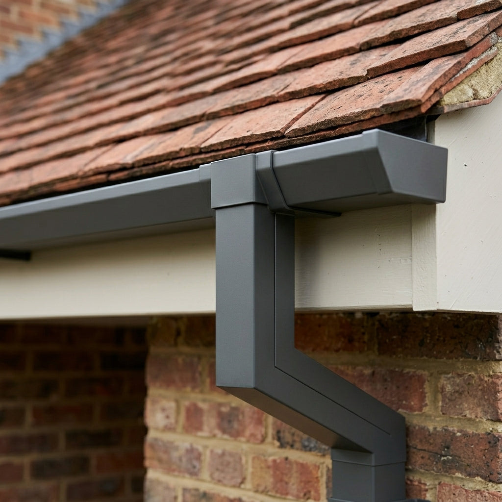 72x72mm Aluminium Gutter Outlet Spigot Extender — RAL 7022 (in use)
