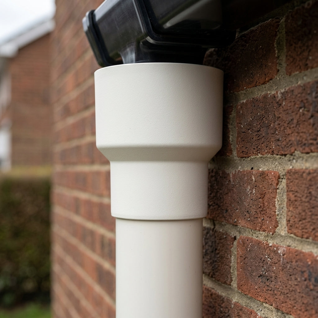 76mm Ø Outlet to Downpipe Length Connector — RAL 9010 (in use)