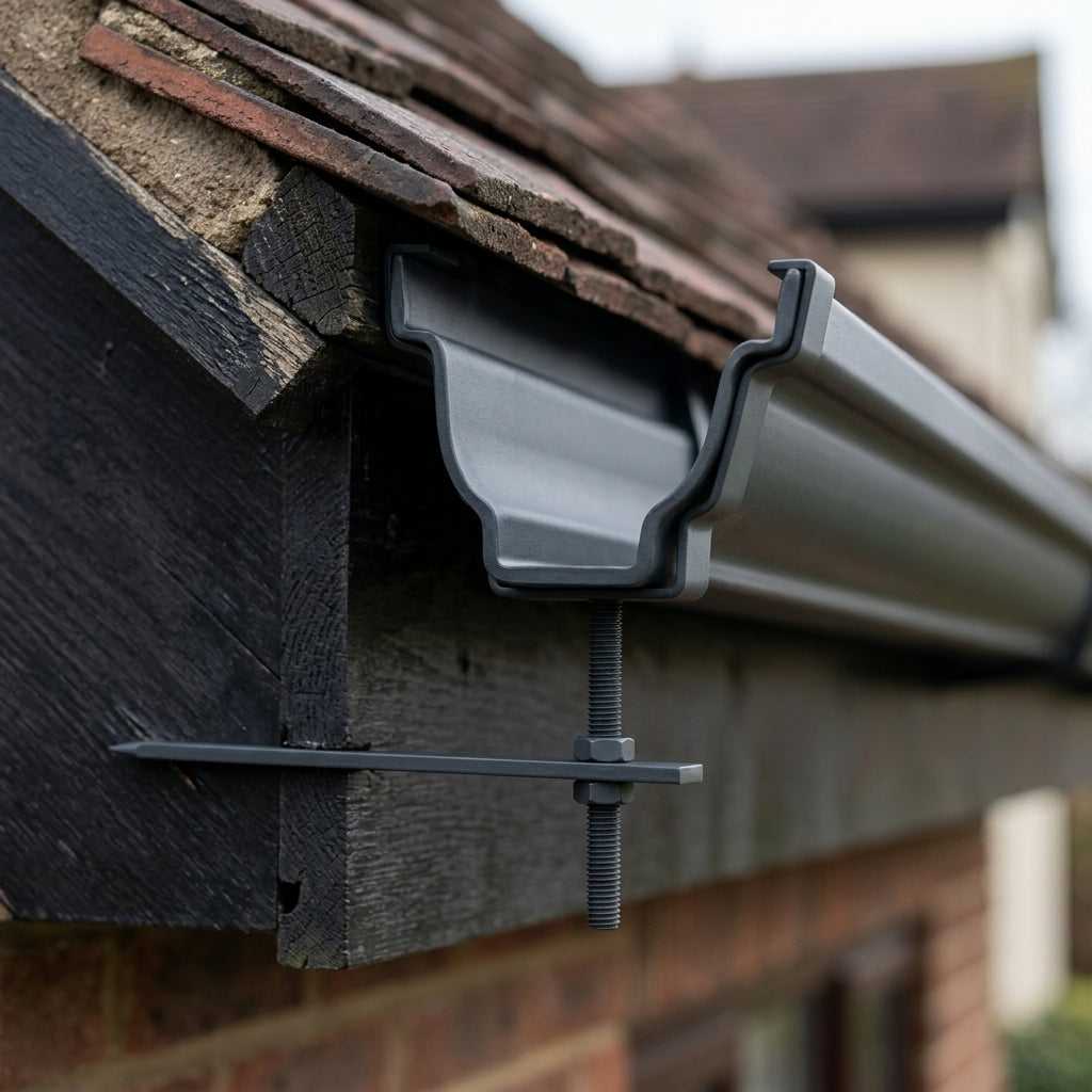 Moulded Ogee Gutter Rise and Fall Bracket 125 x 100mm — RAL 7021 (in use)