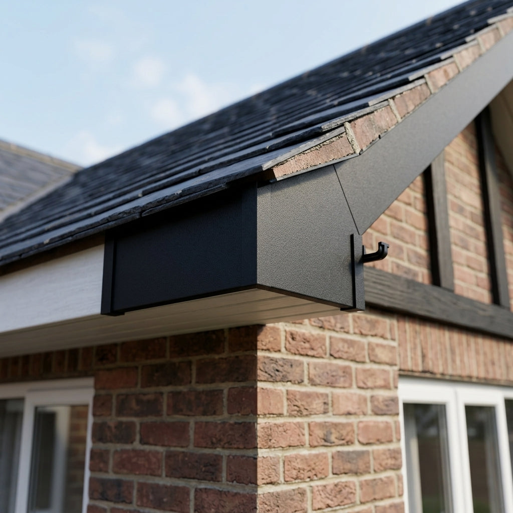 V Return Aluminium Fascia Angle Covers for Mitred Corners — Textured Black / 135 Deg Internal Angle (in use)