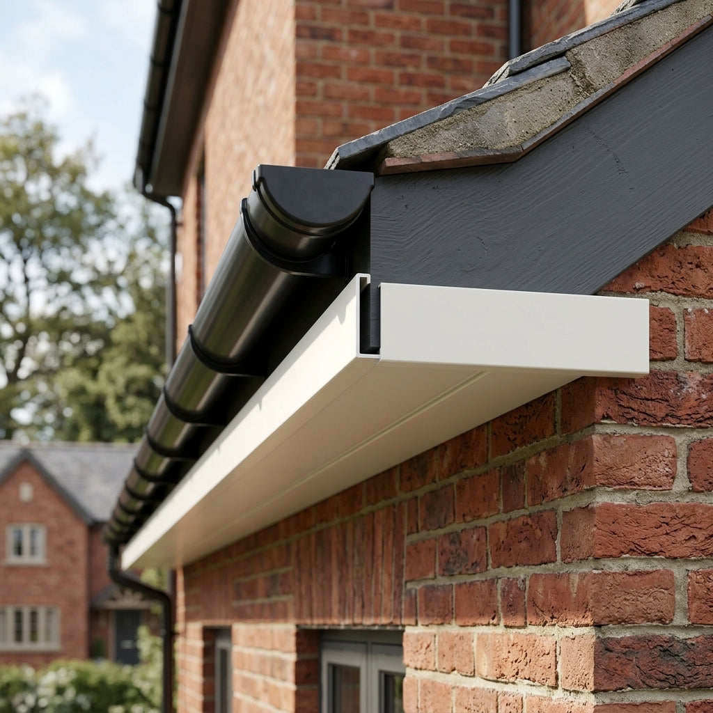 Aluminium Soffit Board Joint Cover — RAL 9010 (in use)