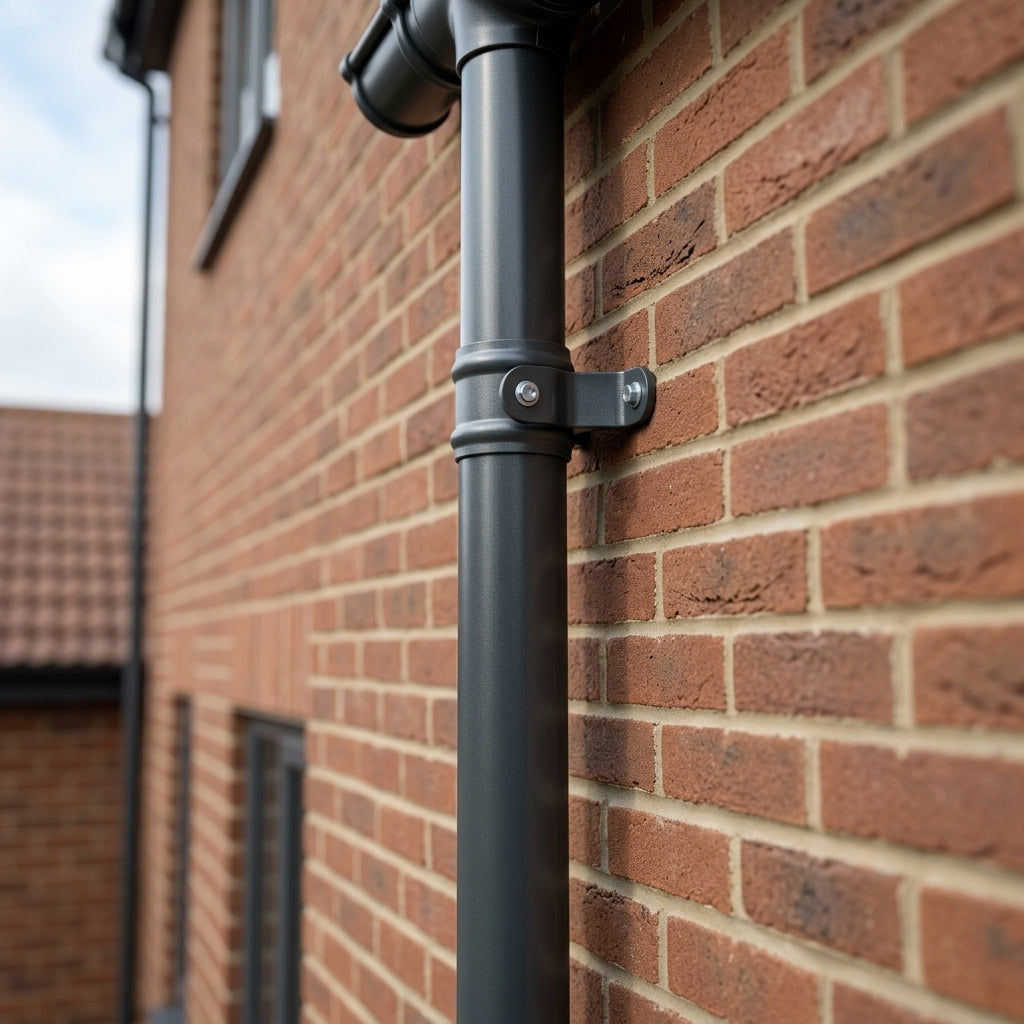 Aluminium Downpipe Length Eared Socket 63mm Dia x 3m — RAL 7016 (in use)