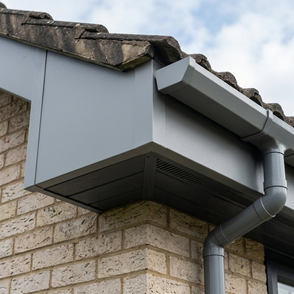 L Return Fascia Board Angle Covers – Aluminium Corner Fascia — RAL 7037 / 90 Deg Internal Angle (in use)
