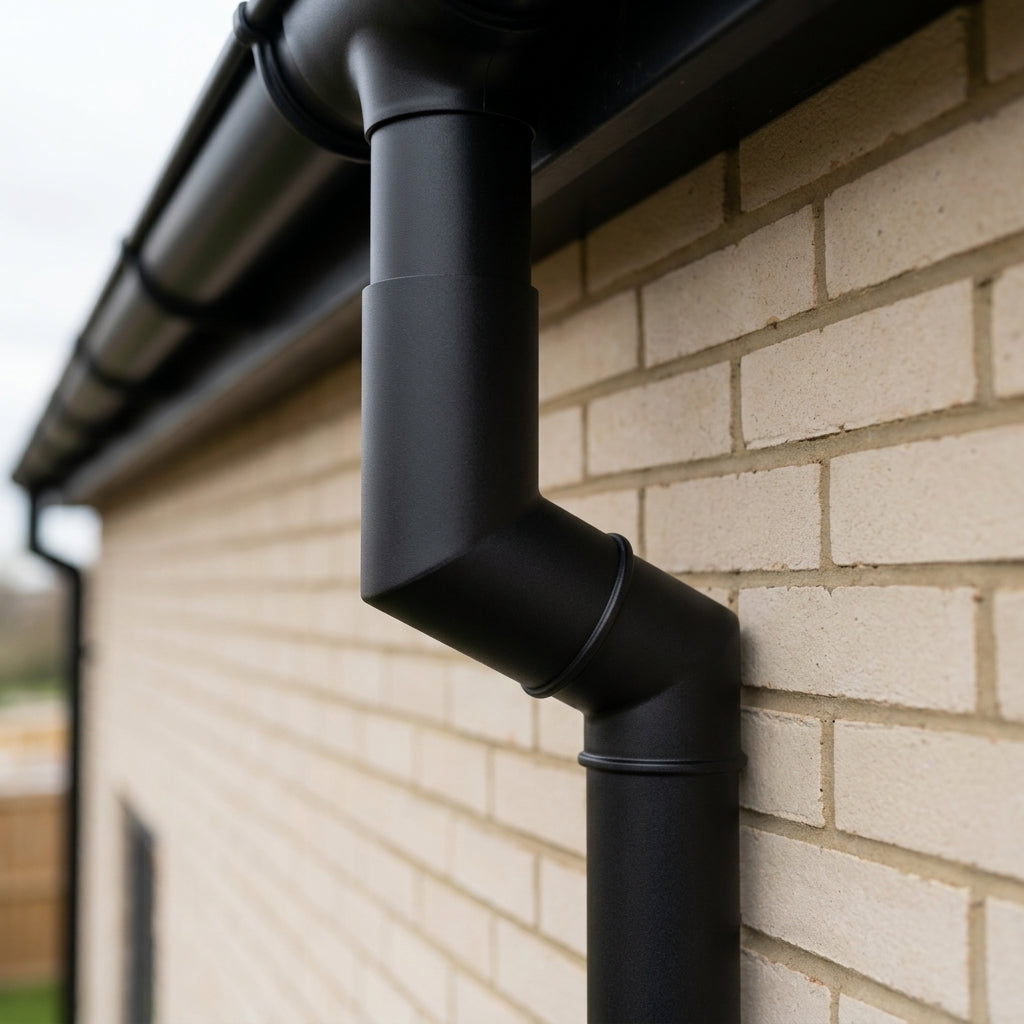 76mm Diameter Flush Joint Aluminium Downpipe Bends — RAL 7021 / 92.5 Deg (in use)