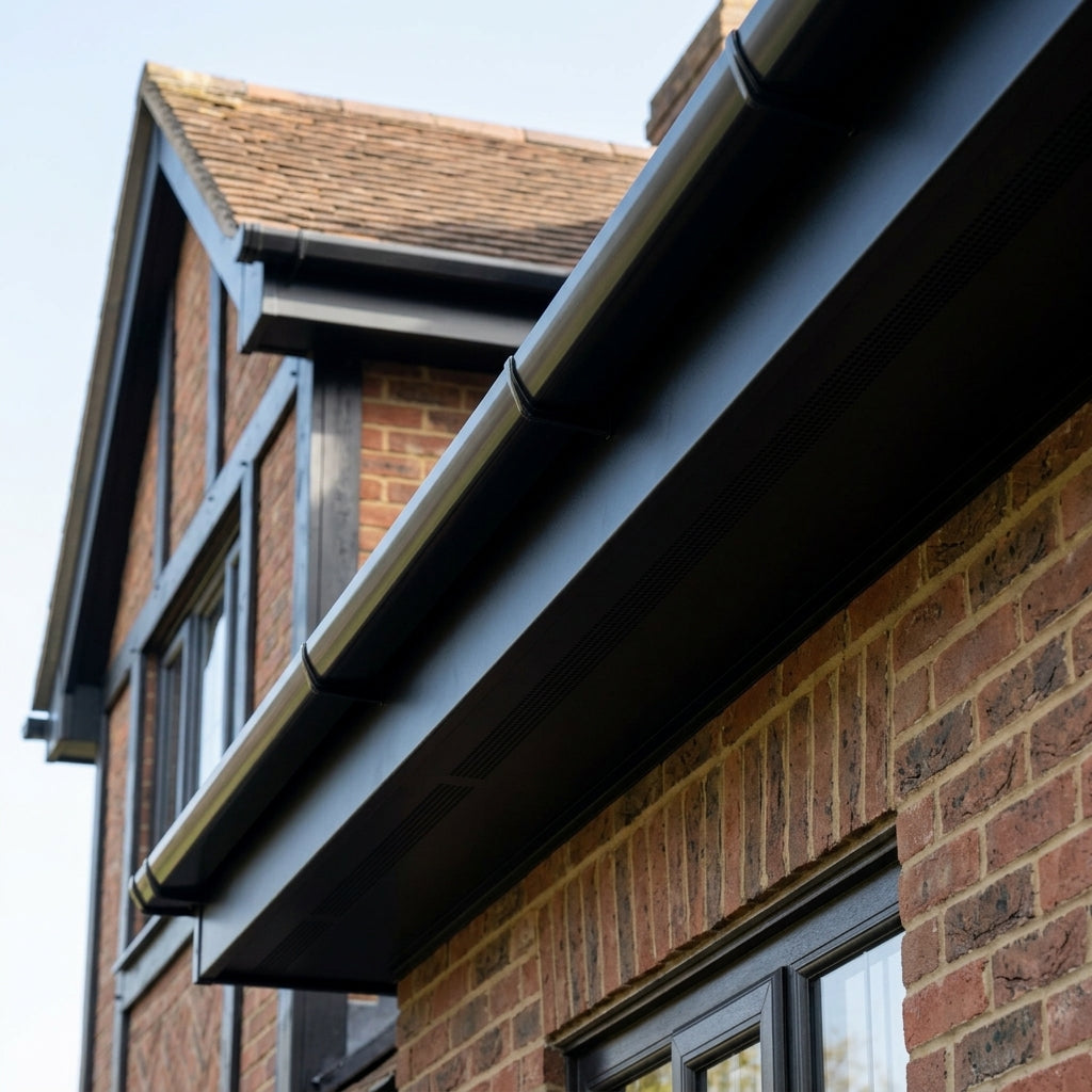 Aluminium Soffit Boards – Plain or Vented with Exterior Coating — RAL 9005 / 365mm Wide | Unvented (in use)