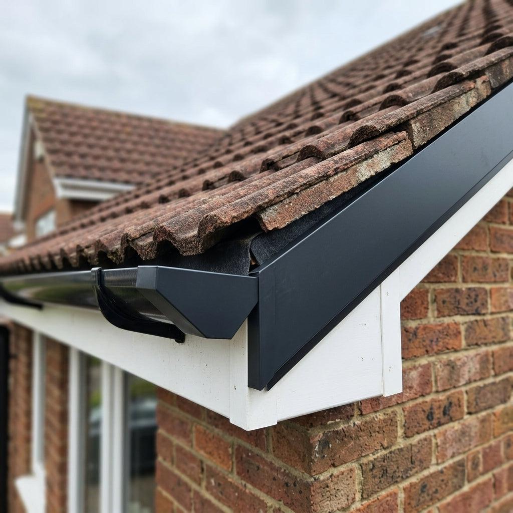 V Return Aluminium Fascia Angle Covers for Mitred Corners — RAL 7021 / 90 Deg Internal Angle (in use)