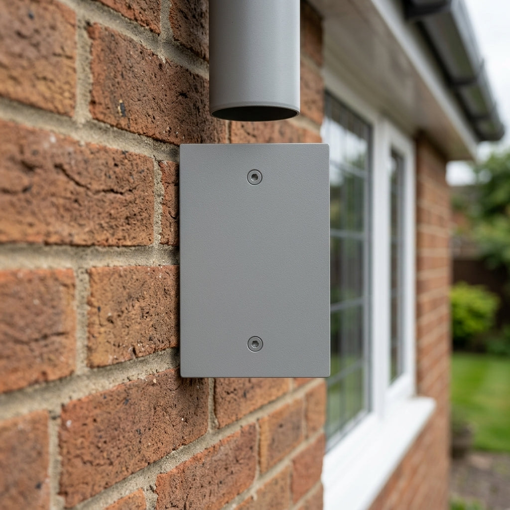 Aluminium Downpipe Access Plate 72x72mm — RAL 7036 (in use)