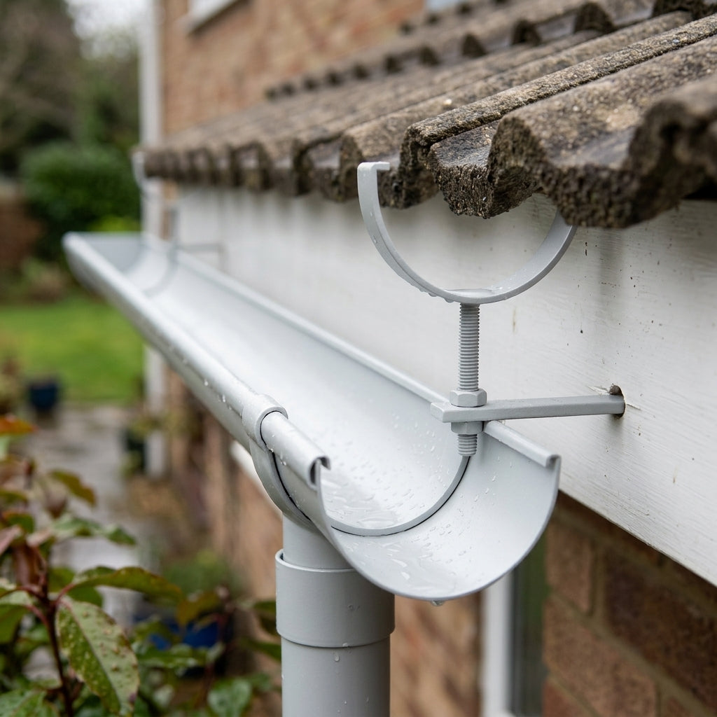 Half Round Aluminium Gutter Rise and Fall Bracket 125mm — RAL 7035 (in use)