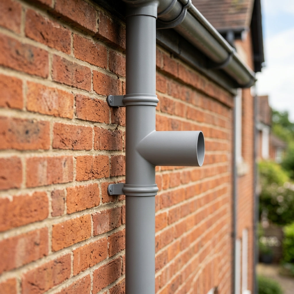 76mm Diameter Flush Joint Downpipe Branches — RAL 7037 / 92.5 Degrees (in use)