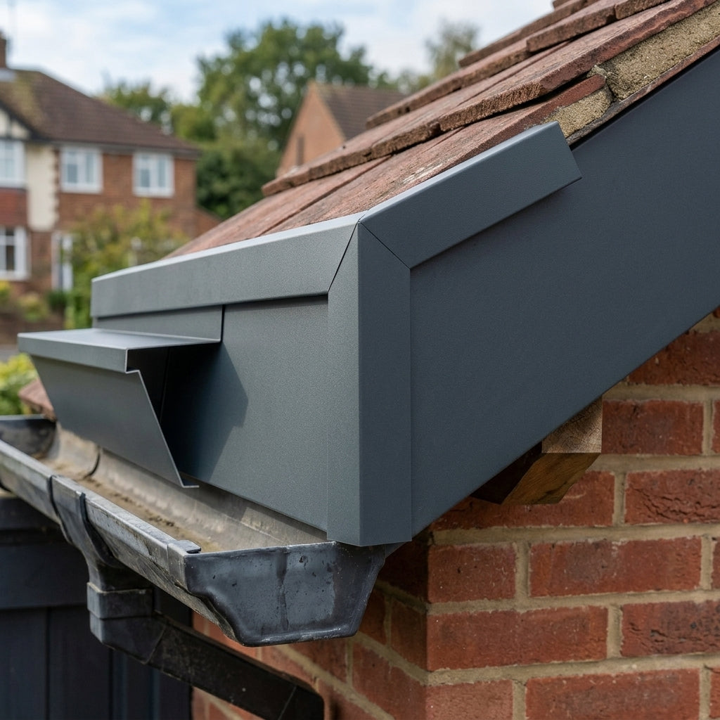 V Return Aluminium Fascia Angle Covers for Mitred Corners — RAL 7016 / 135 Deg External Angle (in use)
