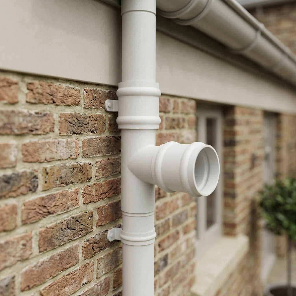 Traditional Aluminium Downpipe Branch 76mm Diameter — RAL 9010 / 92.5 Degrees (in use)