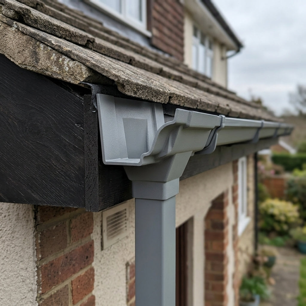 Moulded Ogee Gutter Outlet 72×72mm – 125×100mm Connection — RAL 7037 (in use)