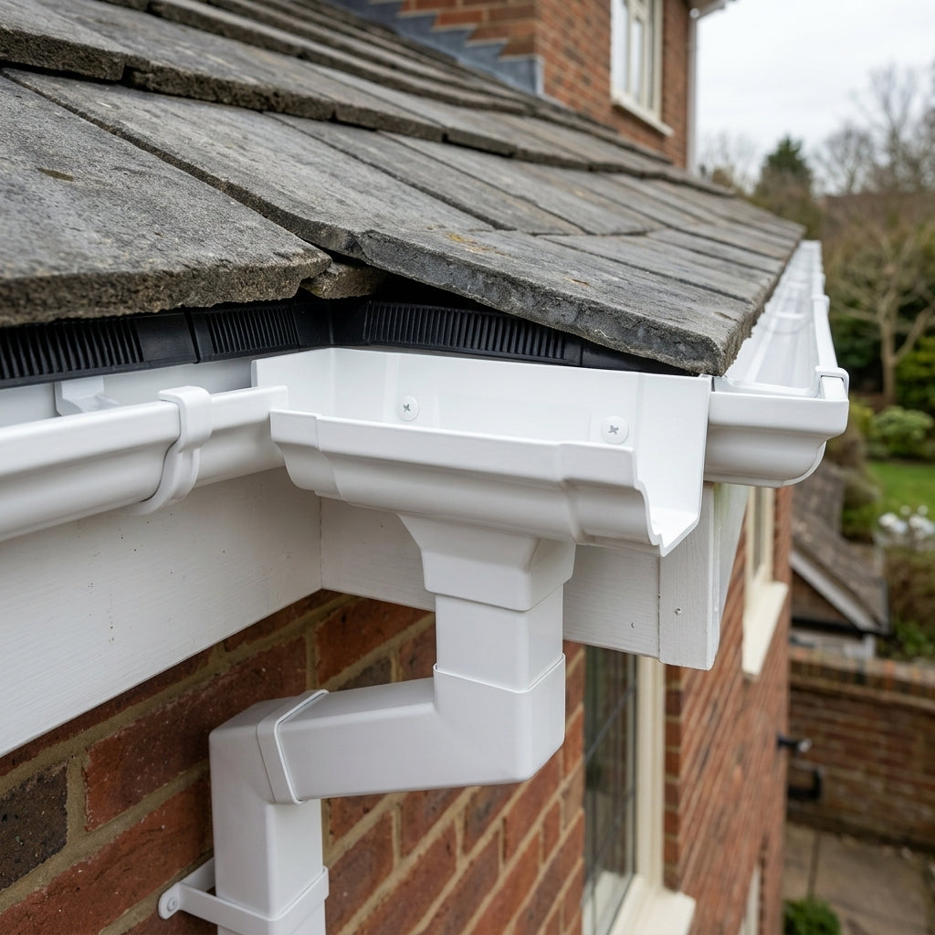 Moulded Ogee Gutter Outlet 72×72mm – 125×100mm Connection — RAL 9016 (in use)
