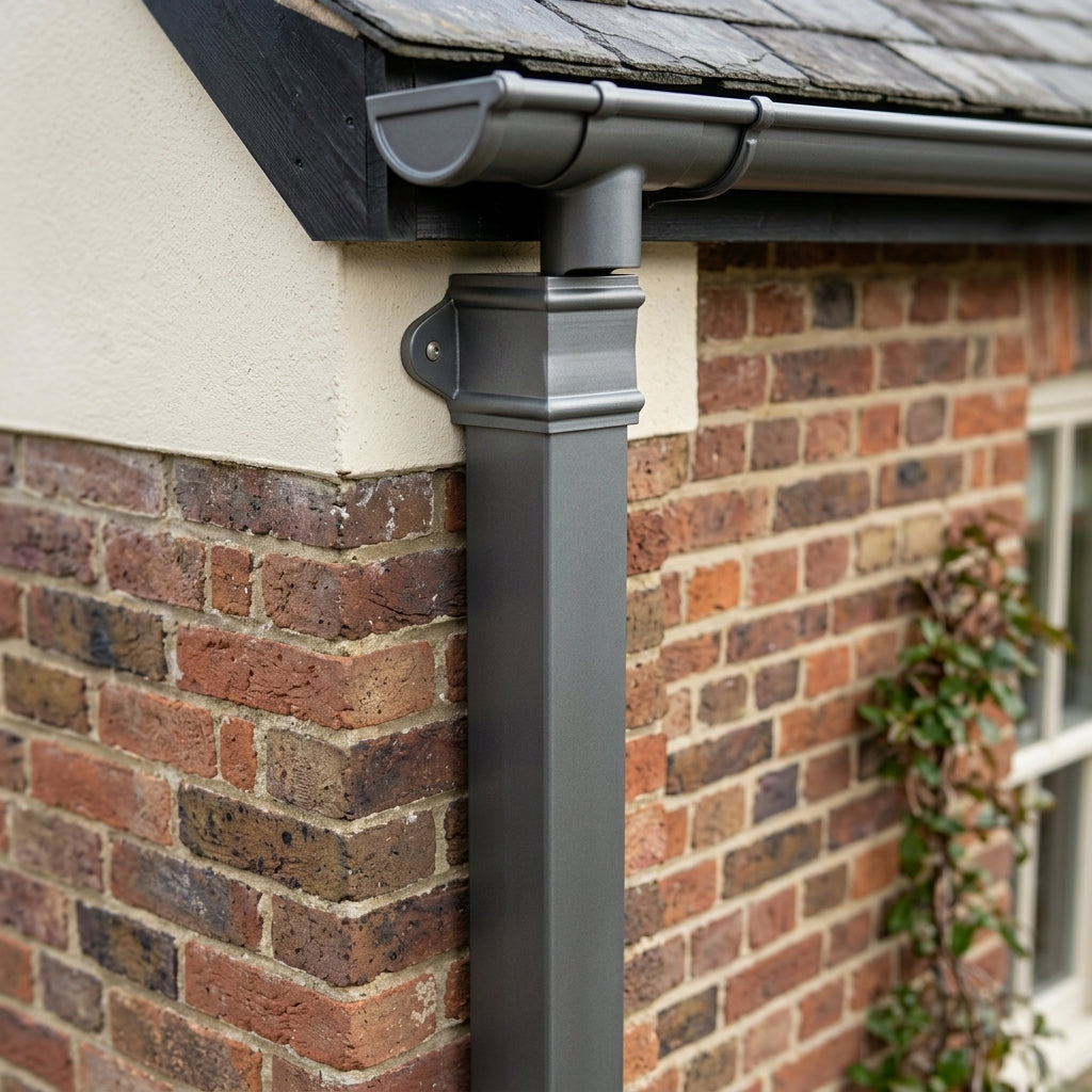 Traditional Aluminium Downpipe Sample — RAL 7037 / 72x72mm (in use)