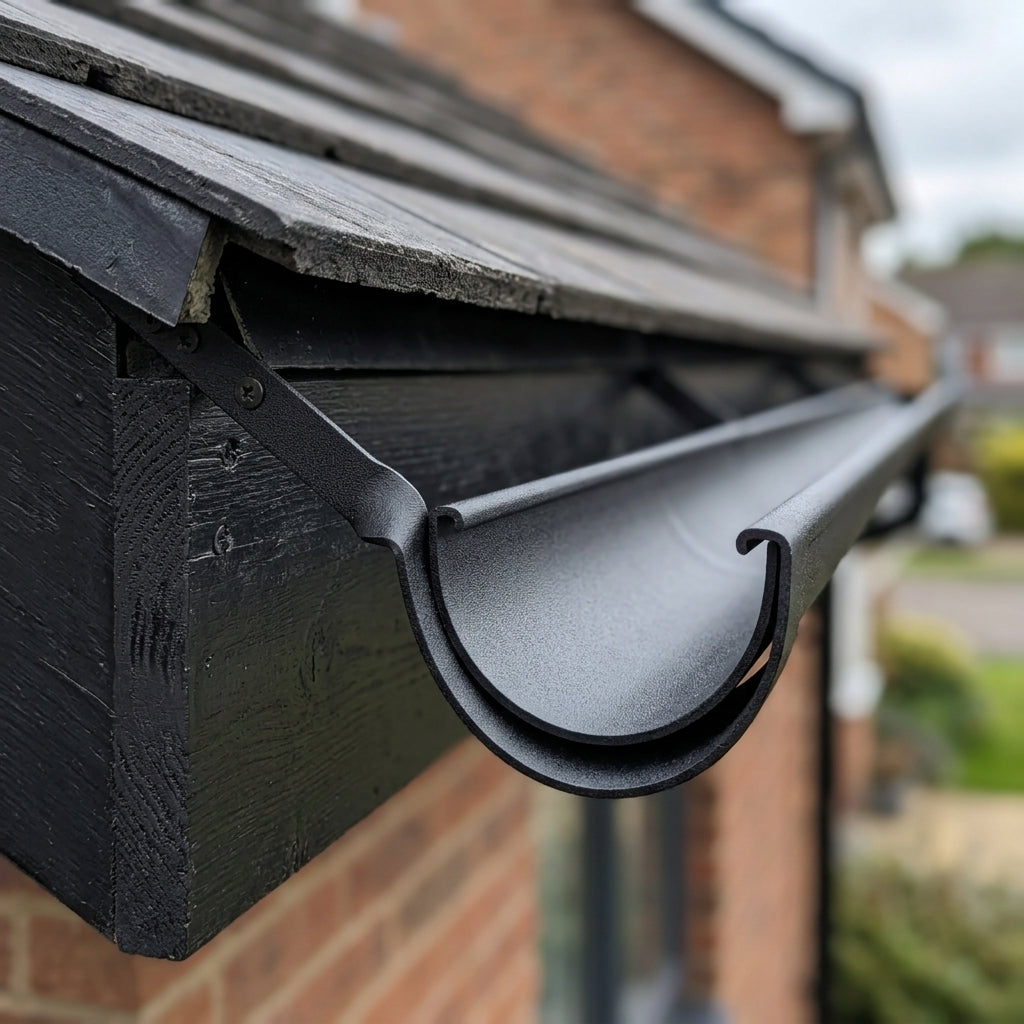 Half Round Aluminium Gutter Side Rafter Bracket 125mm — Textured Black (in use)