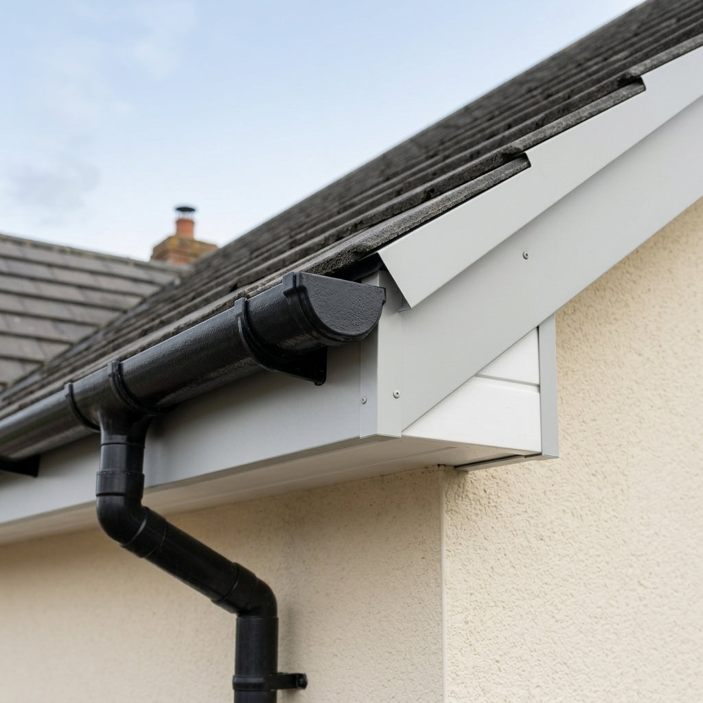 L Return Aluminium Fascia Board 30mm – 3m — RAL 7035 (in use)