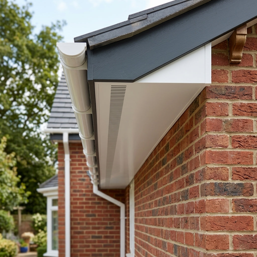 Aluminium Soffit Boards – Plain or Vented with Exterior Coating — RAL 9016 / 365mm Wide | Vented (in use)